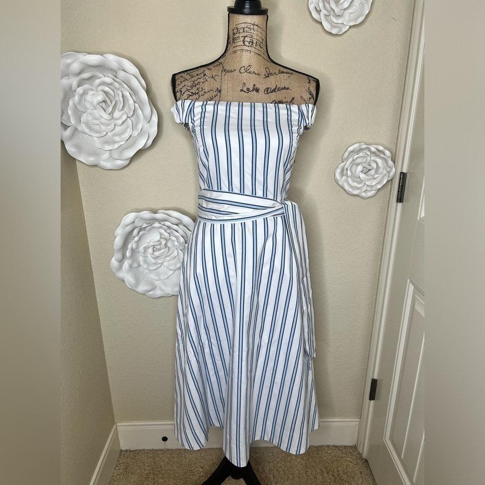 Draper James Off the Shoulder White & Blue Multi Striped Dress Size 0
